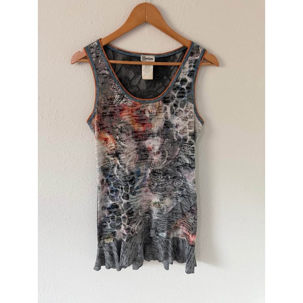 Vintage Y2K Affliction Style Skater Grunge Overlay Tank with Lace Detail Size M